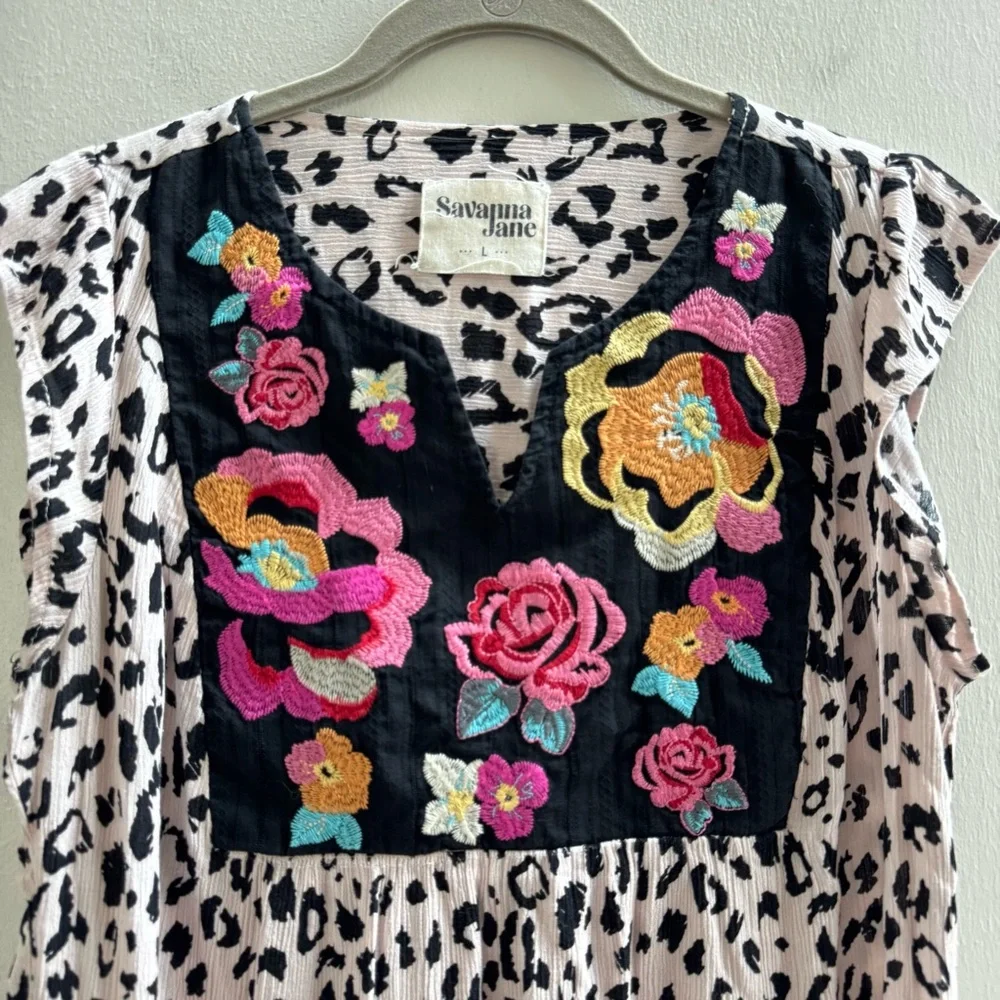 Savanna Jane Boho Leopard Floral Embroidered Flowy Blouse Large - Picture 2 of 7